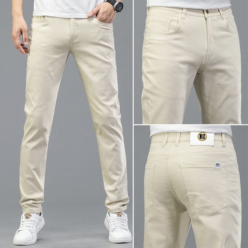 Men's Cotton Casual Pants Elastic Waist Slim Straight Solid Color Business Trousers Four Seasons Brand Male Clothes