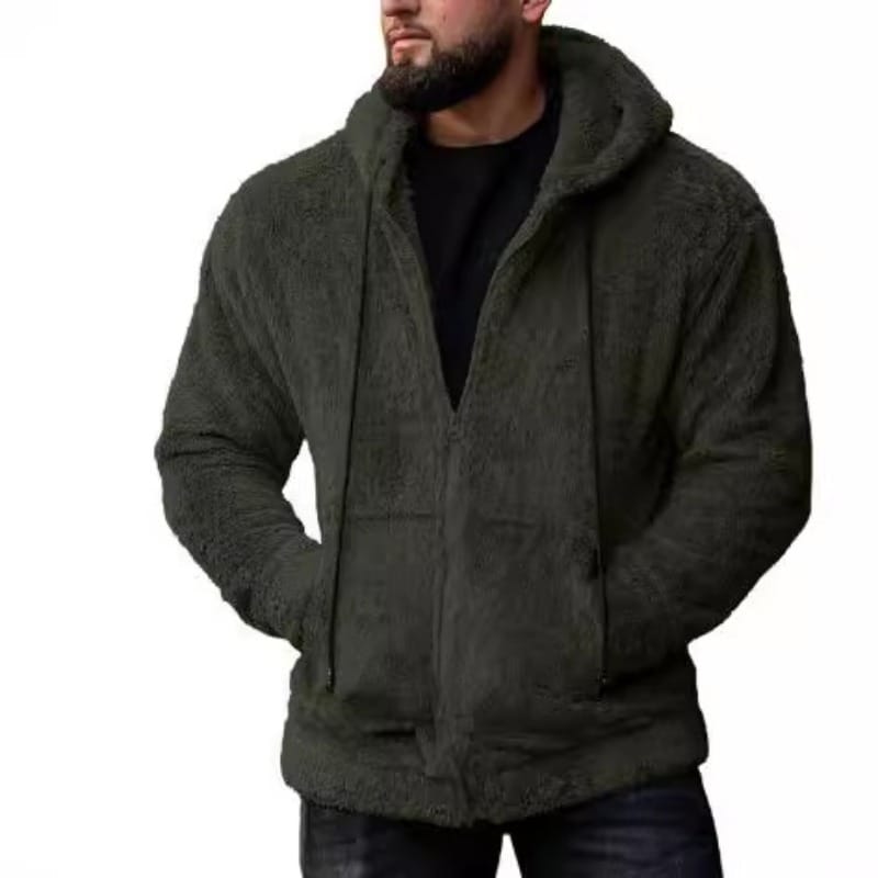 2024 Autumn Men's Plush Cardigan with Hat Fashion Solid Color Coat Mens Jacket
