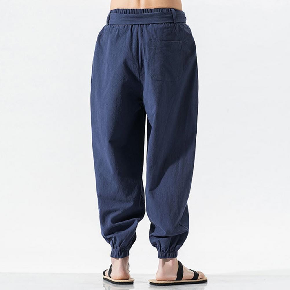 Pocketed Leggings Chinese Style Embroidered Men's Harem Pants with Elastic Waist Belt Loose Pleated Ankle-banded Trousers