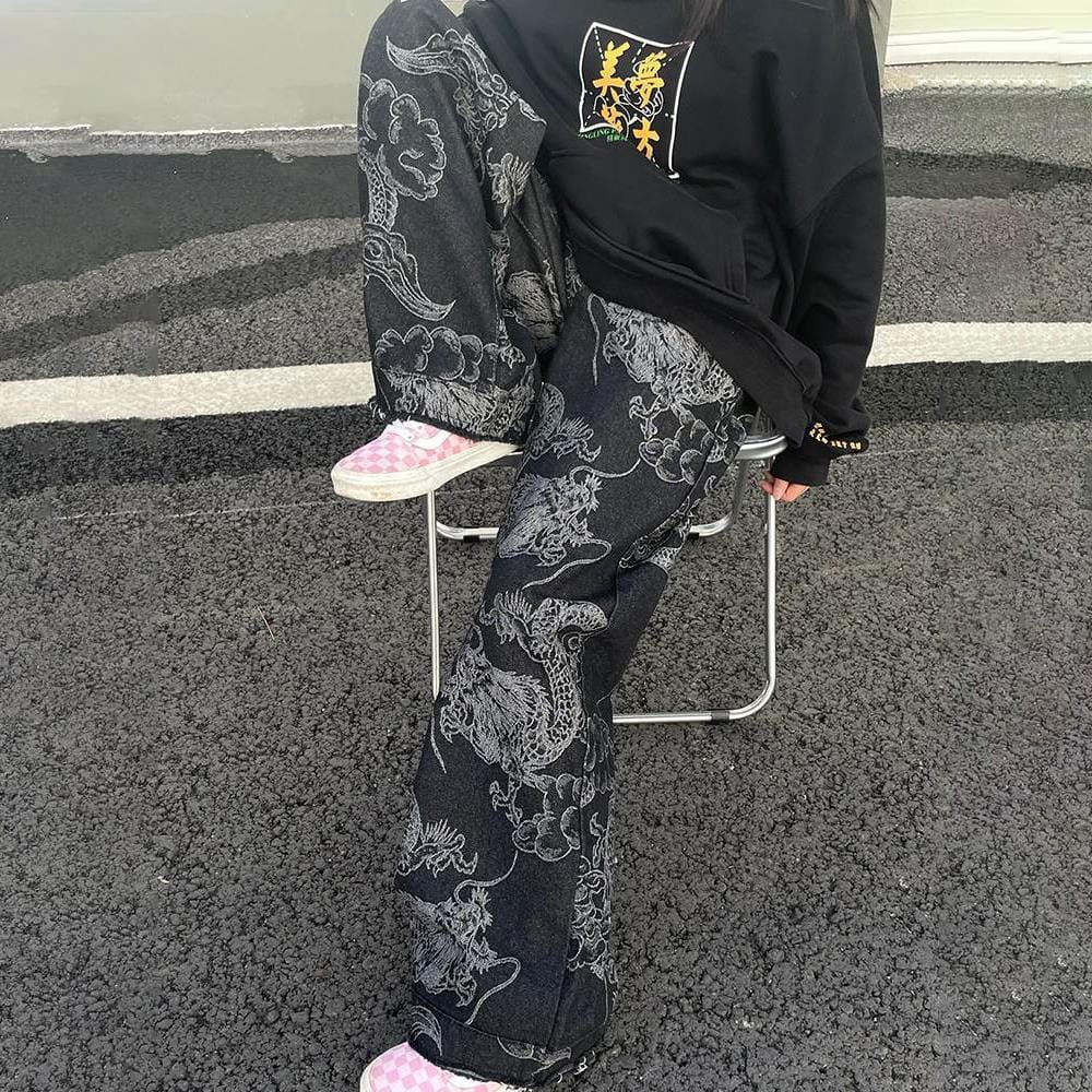 Mens Y2k Chinese Dragon Embroidered Denim Trousers Daily Personalized Streetwear Youth Trend Versatile Pants 2024 Men'S Clothing