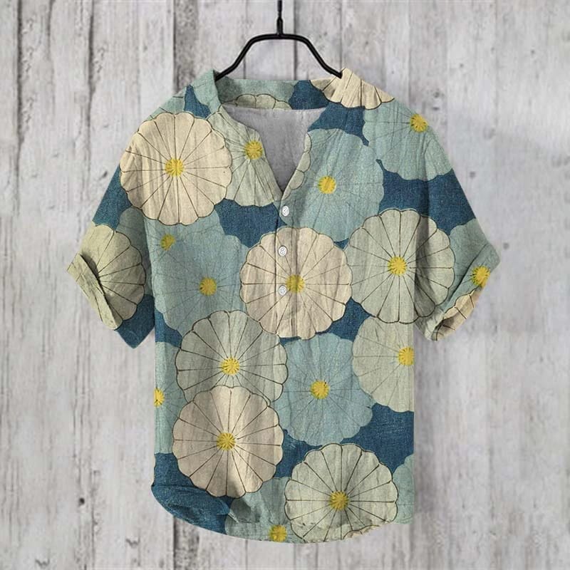 Independent Station China-Chic Fresh V-Neck Shirt Short Sleeve Men's Vintage Linen 3D Countryside Time Print Top Casual