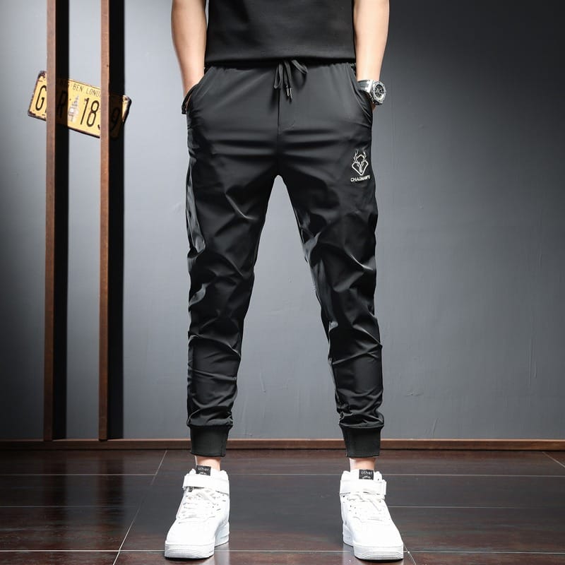 Men's Black Sport Jogging Pants Summer Lightweight Fashion Casual Embroidery Slim Fit Elastic Waist Drawstring Joggers Trousers