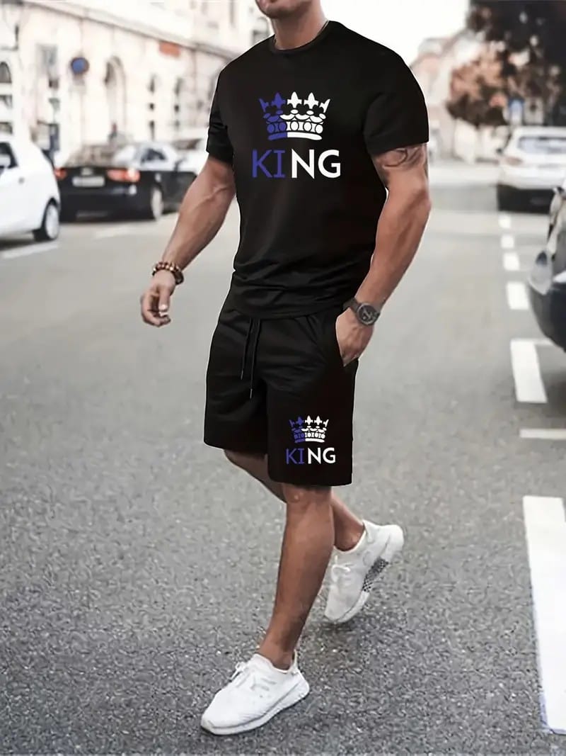 2pcs/set Men's Summer Casual Wear O-neck Short-sleeved T-shirt Men's Loose Casual Shorts Suit Letter Print KING Men's Clothing