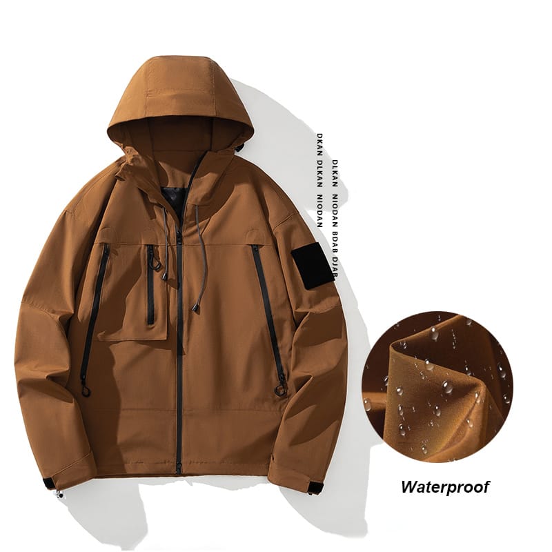 Spring Autumn Men's Loose Multi Pockets Waterproof and Windproof Hooded Jacket Coat Outwear