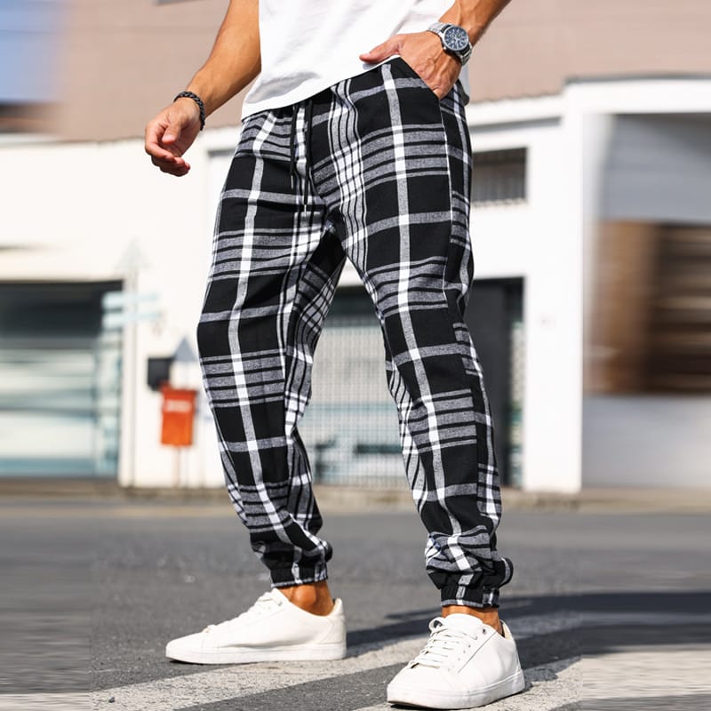 Vintage Plaid Printed Men's Pants Slim Fit Mid Waist Drawstring Lace-up Pencil Pants Spring 2024 Casual Male Pockets Sweatpants