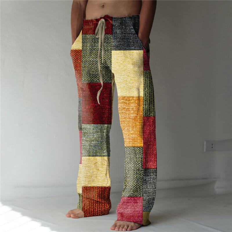 2024 Summer New Product Block Multi Color Splicing Printed Men's Straight Pants Loose Sports and Casual New Style