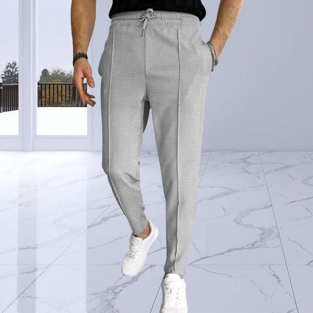 Men Slim Fit Pants Men Waffle Pants Soft Breathable Men's Drawstring Pants with Elastic Waist Pockets for Business Commute Long