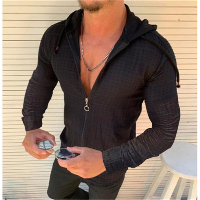 Men's Long-Sleeved Shirt With Hooded Zipper Slim Solid Color Casual Shirt Men's Summer Sun Protection Clothes