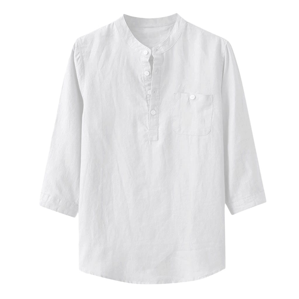 Men'S Loose Tops Summer Fashion Comfortable Cotton Linen Blouse Tops Solid Color Three Quarter Sleeve Small Stand Collar Shirts