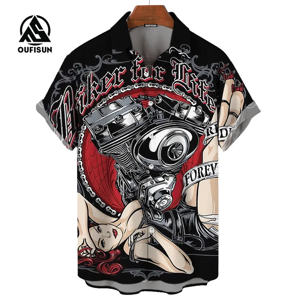 Men's Shirt Retro Motorcycle Lapel Buttoned Shirt Summer Short Sleeve Clothing Street Casual Loose Clothes 2024 Hawaiian Shirt