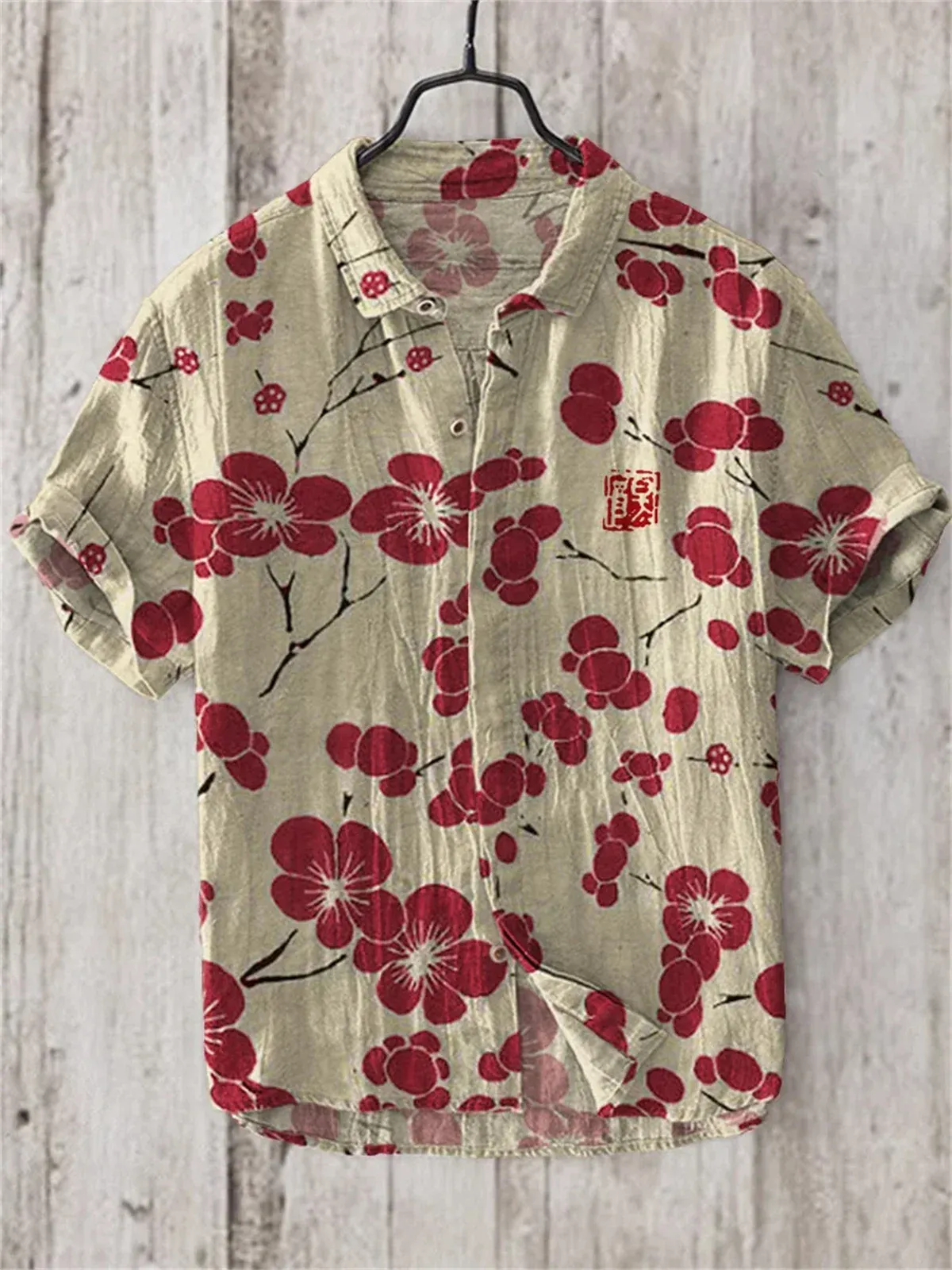 Men's Short Sleeved Linen Shirt, Retro Flower, 3D Digital Printing, Beach Top, Fashionable, Casual, Breathable, New