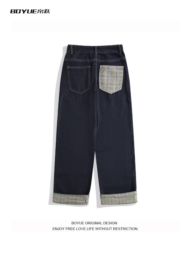 American Fashion High Street Patchwork Plaid Jeans 2024 Men's Summer New Design Sense Floor Length Pants Male Clothing