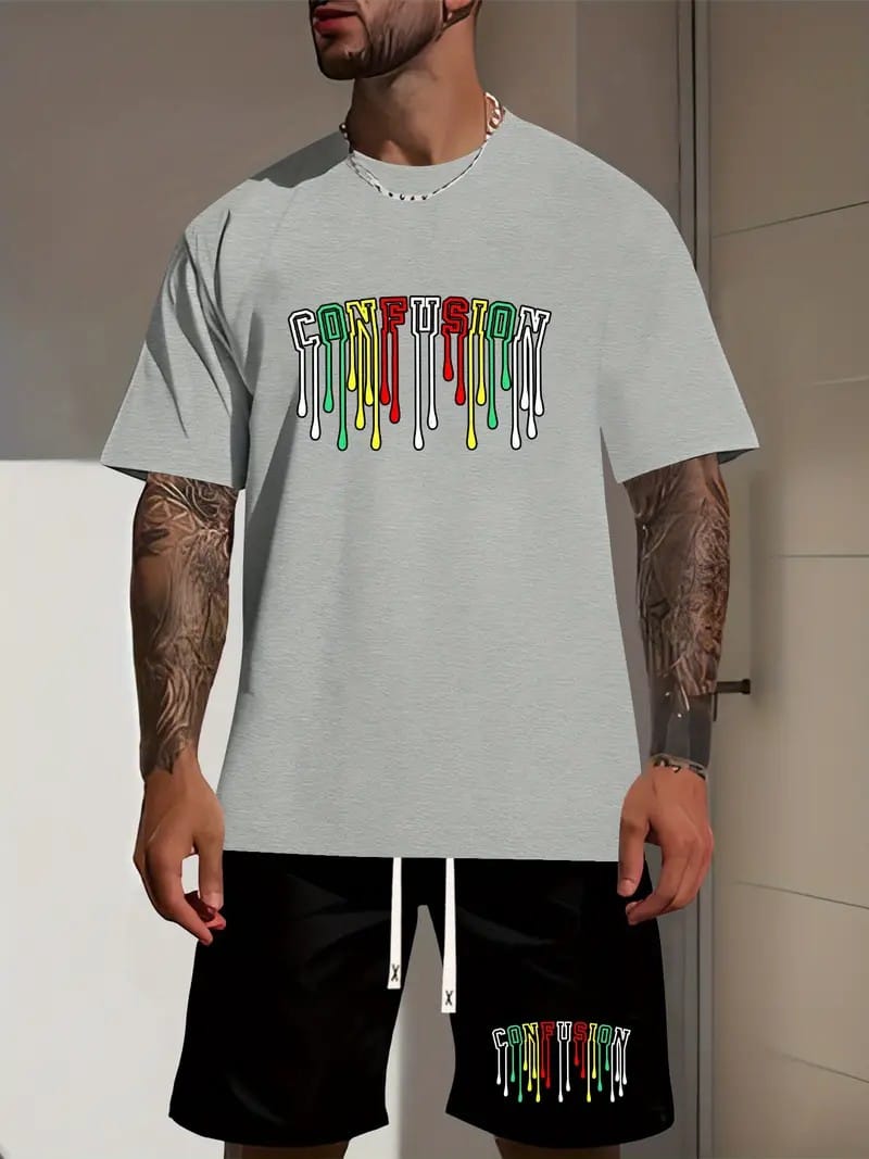 Men's two-piece casual wear Trendy short-sleeved T-shirt shorts suit Fashionable summer sports and casual wear Large size street