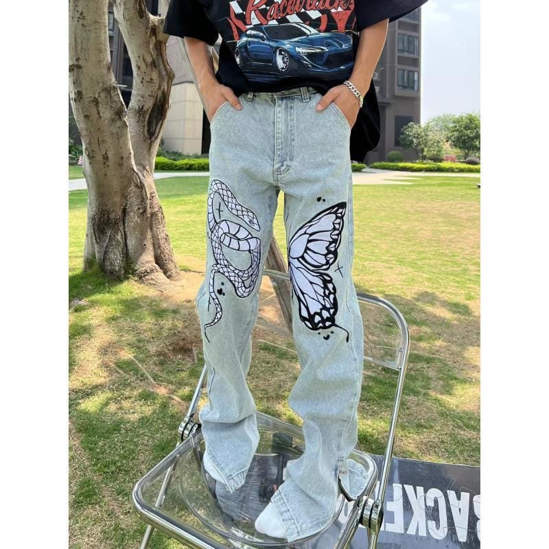 Y2k clothes high street wash slit zip jeans men's and women's personality niche snake with butterfly heavy embroidered trousers