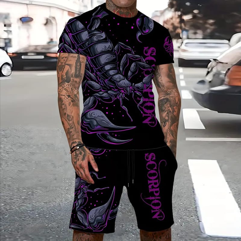 2024 New Summer Men's Sportswear Sweat Suits Oversized Suit Scorpion Print Breathable T-shirt Short Two-piece Men 2XS-6XL