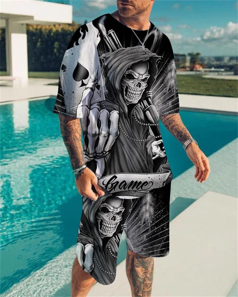 Trendy horror skull 3D printed shorts 2 Piece Printed T-Shirt O-Neck Hip Hop T-Shirt Men's Women's Fashion Sweatshirt Casual