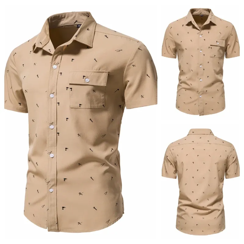2024 Summer New Men's Printed Shirt Breathable Silk Smooth Business Casual Pocket Shirt Short sleeve  Work Style Shirts