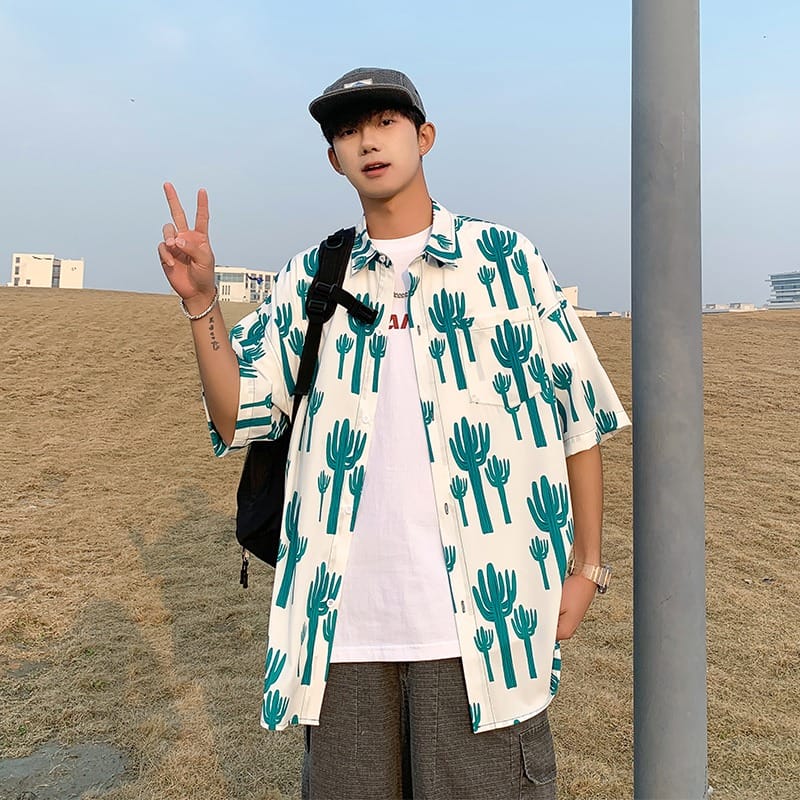 Men's New Lapel Flower Green Print T-shirt Hong Kong Style Summer Comfortable Holiday Style Fashion Wear Shirt