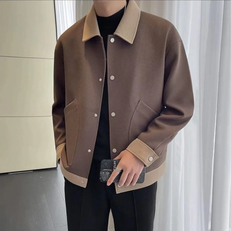 2024 Men's Autumn Winter New Patchwork Turn-down Collar Button Pocket Fashion Solid Color Simple Casual Long Sleeved Jacket