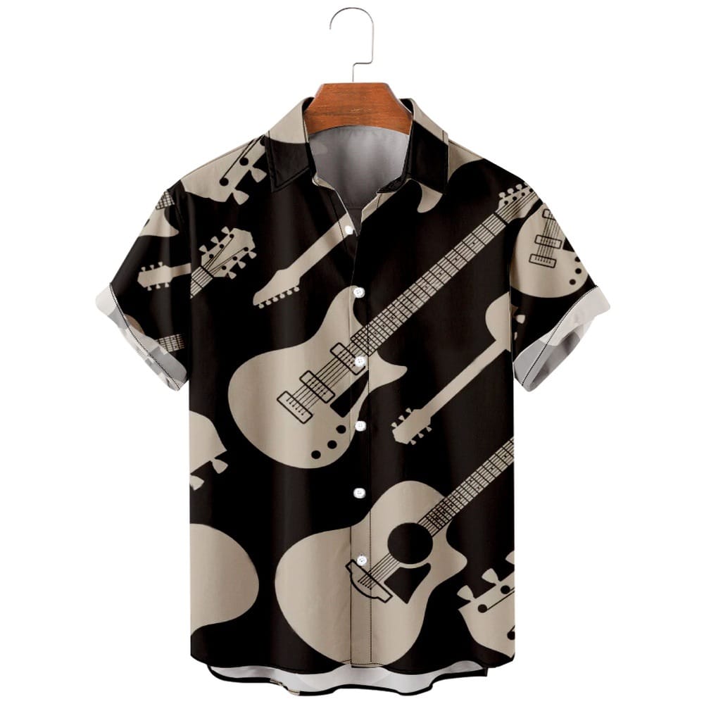 Trendy Men's Guitar Printed Shirt Vacation Hawaii Casual Beach Loose Short Sleeved Summer Top Breathable Shirt