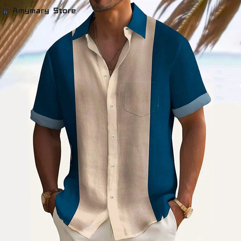 Men's Casual Contrast Short-sleeved Shirt Summer Fashion Lapel Button Shirt Travel Holiday Beach T-shirt Loose Tops Streetwear