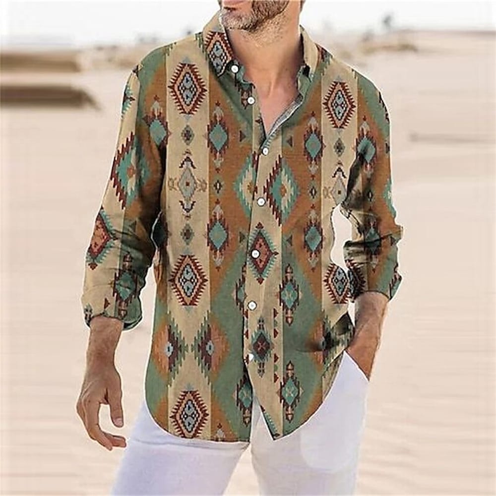 Ethnic Style Print Men's Shirts Casual Single-Breasted Blouses Long Sleeve Shirt Streetwear Lapel Tops Trend Tops Men Clothing