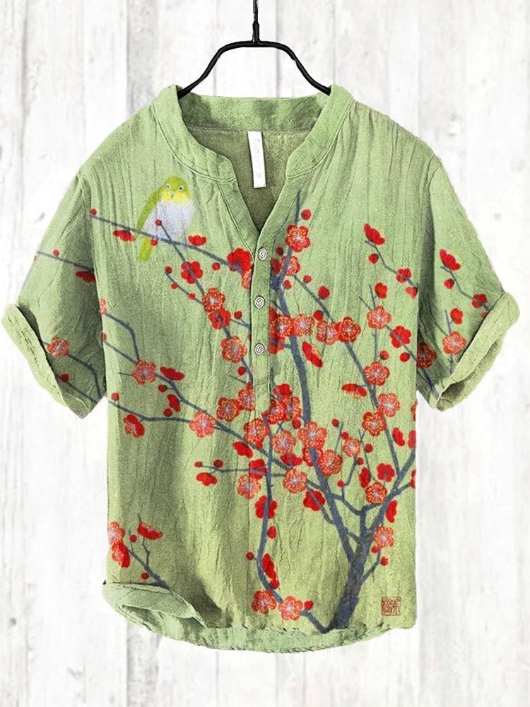 Cross border foreign trade 2024 summer men's new Amazon loose Chinese plum print V-neck casual oversized pullover shirt