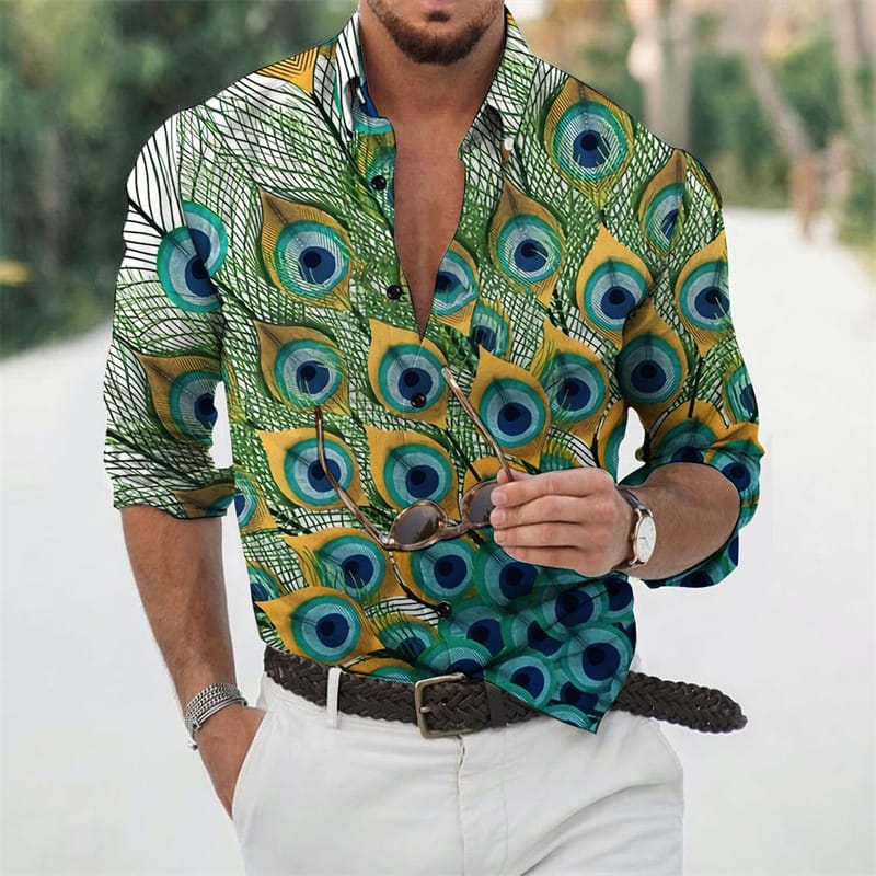 Autumn Men's Shirt Lapel Peacock 3D Print Pattern Short Sleeve Shirt Street Casual Loose Long Sleeve Button Men's Beach Shirt M