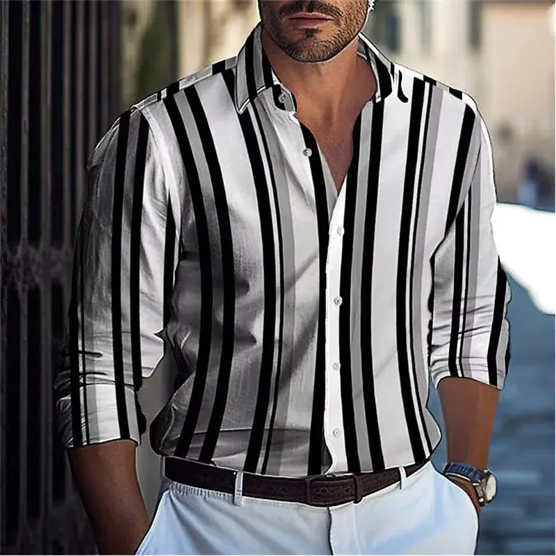 Men's 3D printed shirt, casual long sleeved striped business shirt with lapel, comfortable and elegant, suitable for spring and