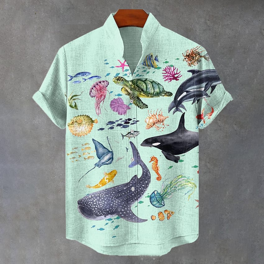 Underwater World 3D Printing Cross border E-commerce Men's Summer Stand up Shirt Hawaii Beach Party Leisure Chinese Style