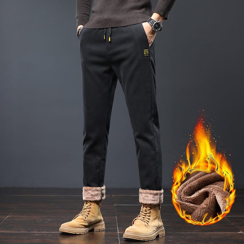 KUBRO Autumn Winter 2023 New Men's Casual Pants Cotton Thick Wool Warm Fleece Solid Color Slim Business Fashion Trousers Male