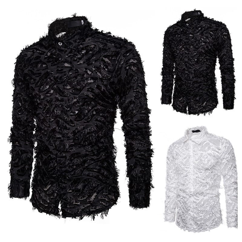 2 Colors!2024 Summer New Men's Shirt Handmade Three Dimensional Feather Fabric Featured Collar Long Sleeve Shirt