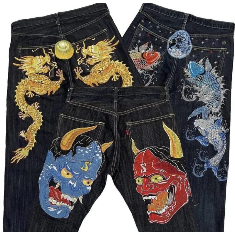American retro high street jeans men's personalized printed hip-hop trend clothing straight pants highwaisted Y2K denim trousers