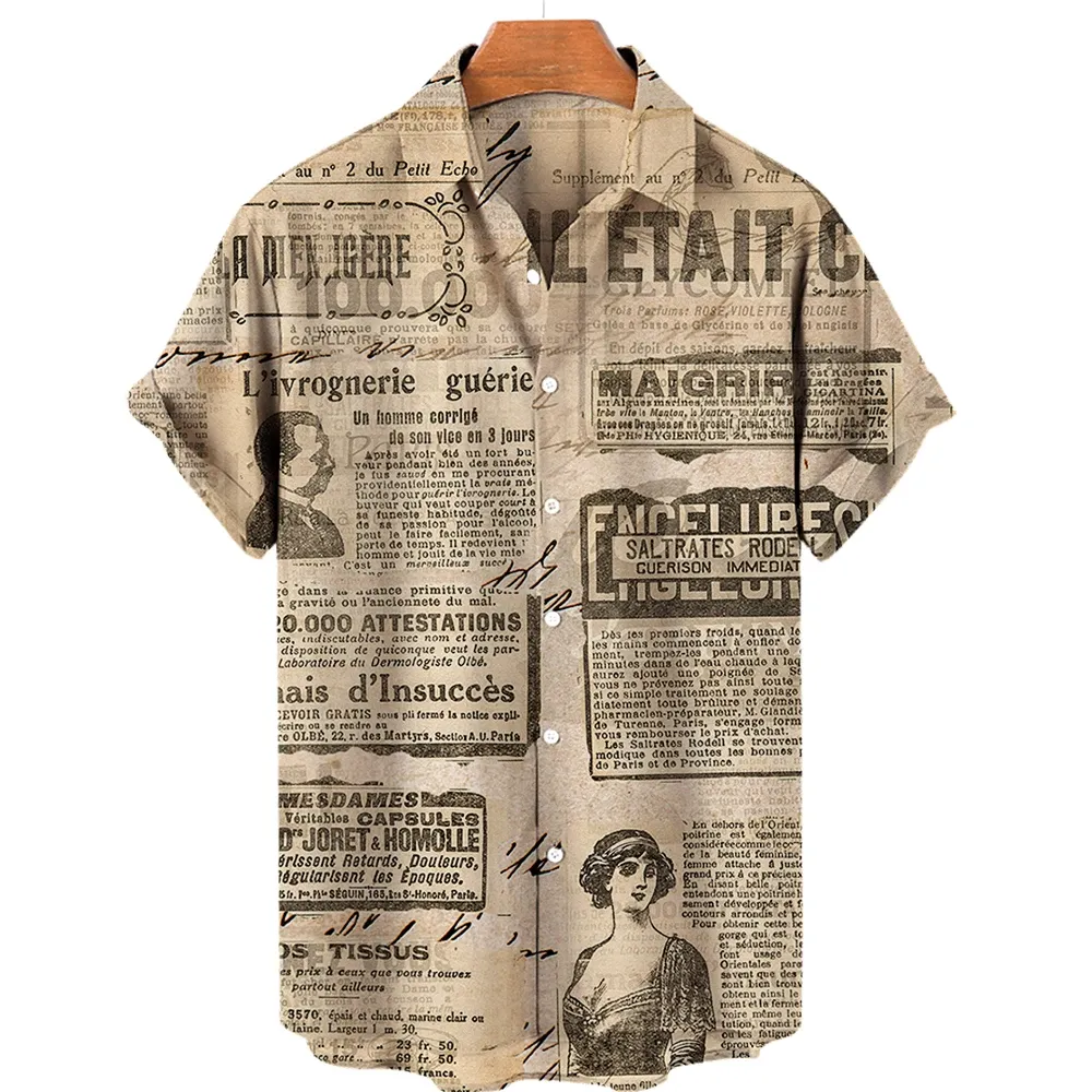 2024 Men's Vintage News Newspaper 3d Printed Lapel Hawaiian Shirt Casual Short Sleeve Men's Hip Hop Shirt