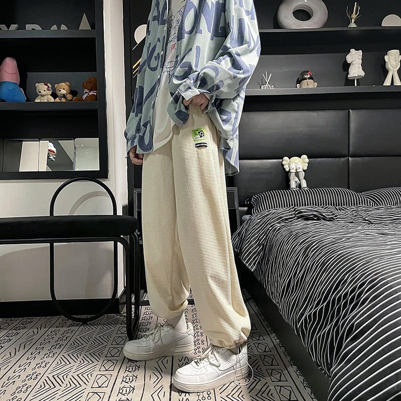 Waffle Sweatpants Mens New Loose Straight Pants Elastic Waist Casual Spring Autumn 2022 Jogging Trousers