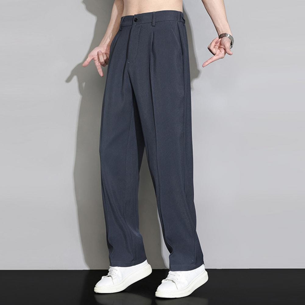 Elastic Waist Trousers Stylish Men's Ice Silk Wide Leg Business Trousers with Elastic Waist Buttons Fly Pockets Draped Thin