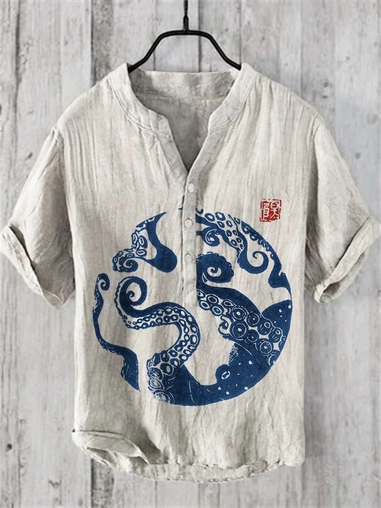 2024 New Linen Short sleeved Shirt Summer Fashion Men's Octopus Series Printed Thai Holiday Halloween