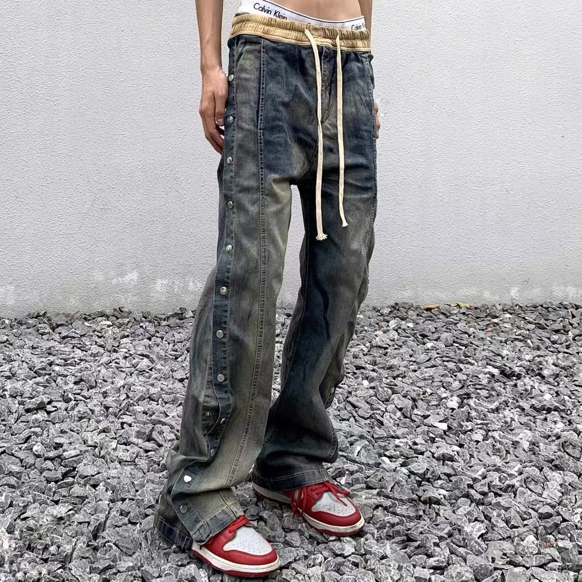 2022 Spring New Button Pants High Street Fashion Men's American Street Style Jeans Loose Straight Floor Mopping Casual Pants
