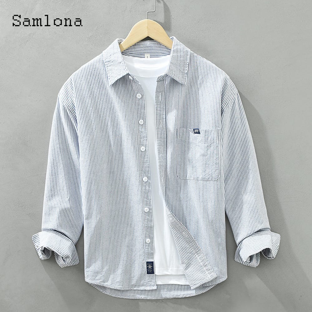 Men Long Sleeves Cotton Shirt Clothing 2023 Korean Style Fashion Tops Open Stitch Model Stripes Blouse Men's Casual Retro Shirts