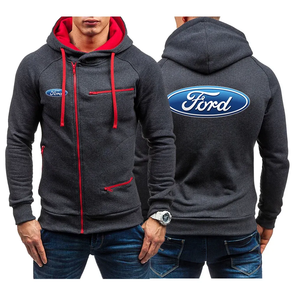 2024 Spring Autumn New Ford Logo Printing Solid Color Streetwear Hooded Sweatshirt Men's Fashion Comfortable Oblique Zip Hoodies
