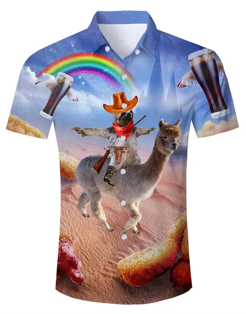 2024 New Summer Men's Shirts Cat Print Hawaiian Shirt Men's Casual Short Sleeve Clothing Fashionable Vintage Street Outdoor Tops