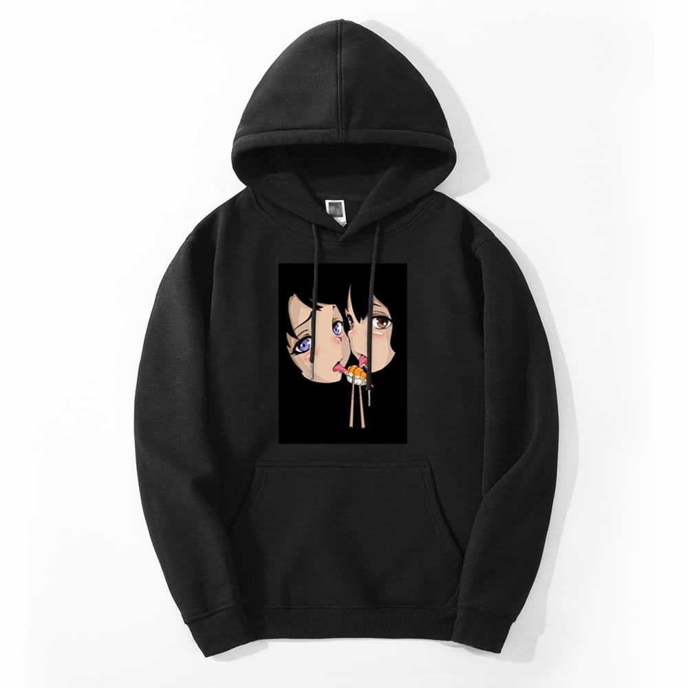 Japan Anime Girl Eat Sushi Harajuku 2024 Winter Men's Oversized Loose Hoodie Sweatshirt Harajuku Cool Pullovers Loose Sweatshirt