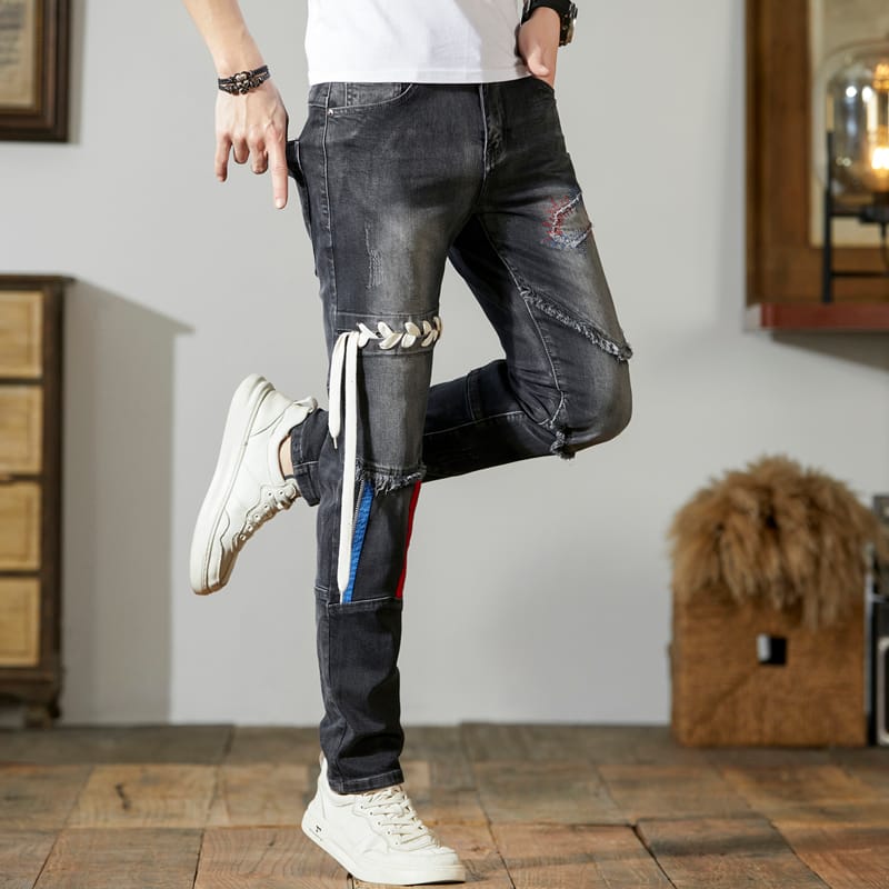 Men's Stitching Jeans Trendy Retro Washed Black Personalized Handsome Slim-Fitting Stretch Pencil Pants Motorcycle Long Pants