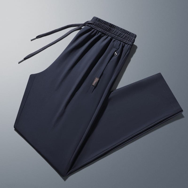 2024 Trendy Summer Ice Silk Thin Men's Solid Color Pocket Drawstring Zipper Elastic Waist Sports Loose Casual Straight Leg Pants
