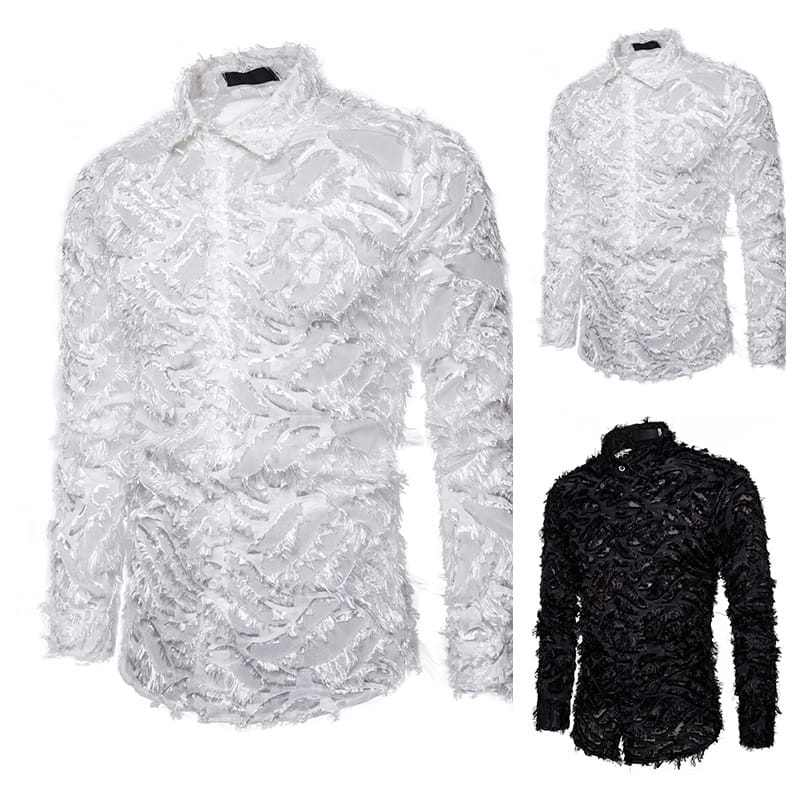 Men's Shirt Hand-crafted Three-dimensional Feather Fabric Features Lapel Long Sleeve T-shirt