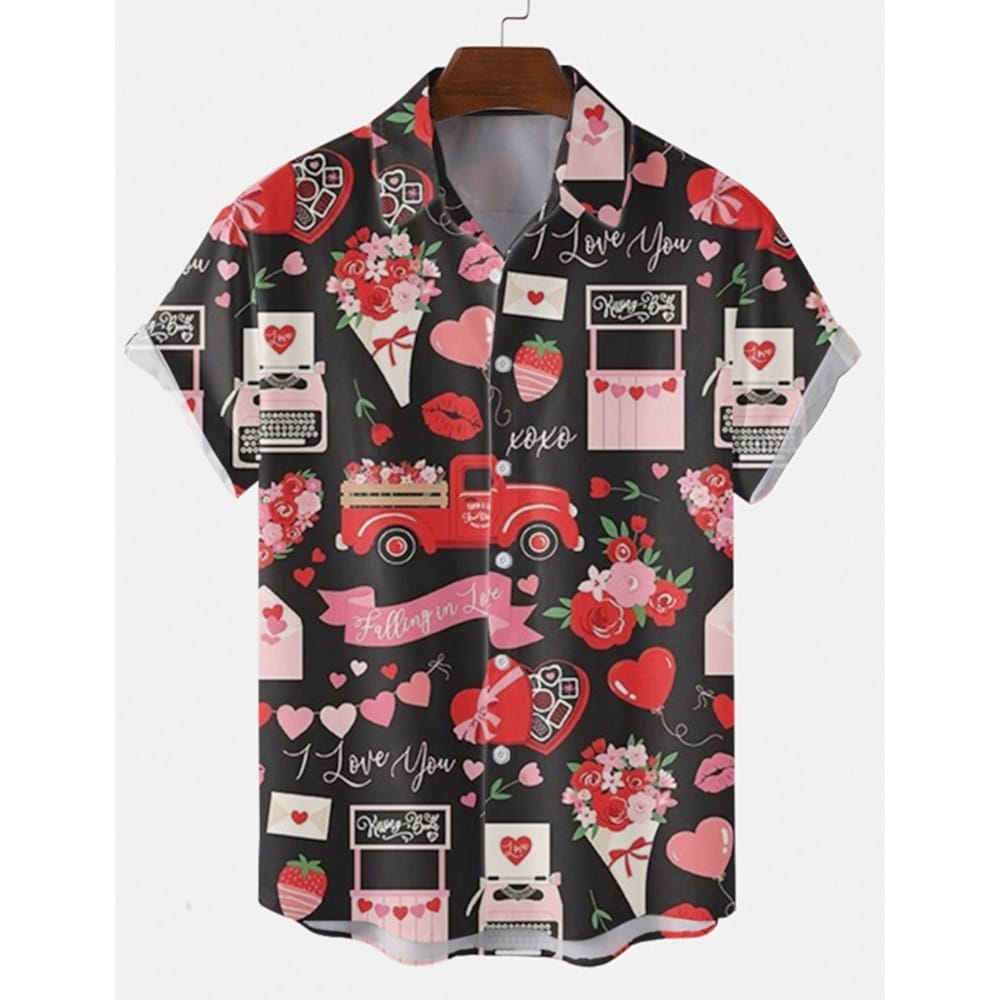 Heart Casual Men's Shirts Button Up Shirts Casual Shirt Daily Wear Vacation Lapel Short Sleeves Polyester Shirt Valentine's Day