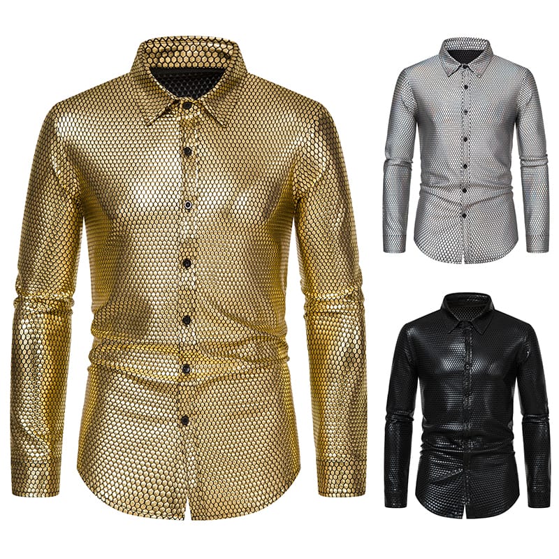Men's 70's Disco Outfit Diamond-gilt Printed Long-sleeved Single-breasted Shirt