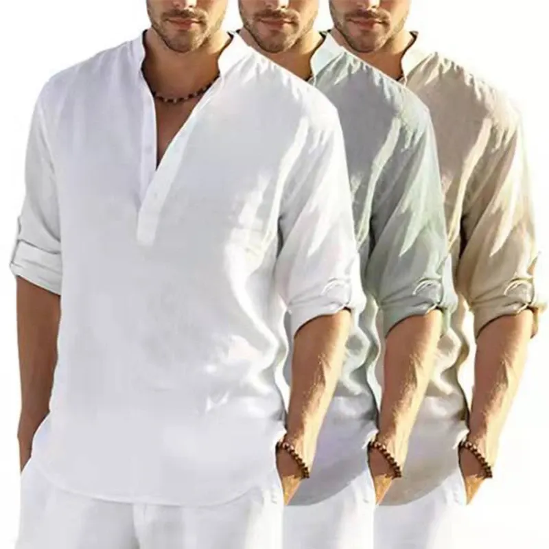 2024 Spring Summer Cotton Linen Men's Shirts Long Sleeve Casual Loose Tops Tee Shirt Solid Blouse Stand Button Neck Men Shirts