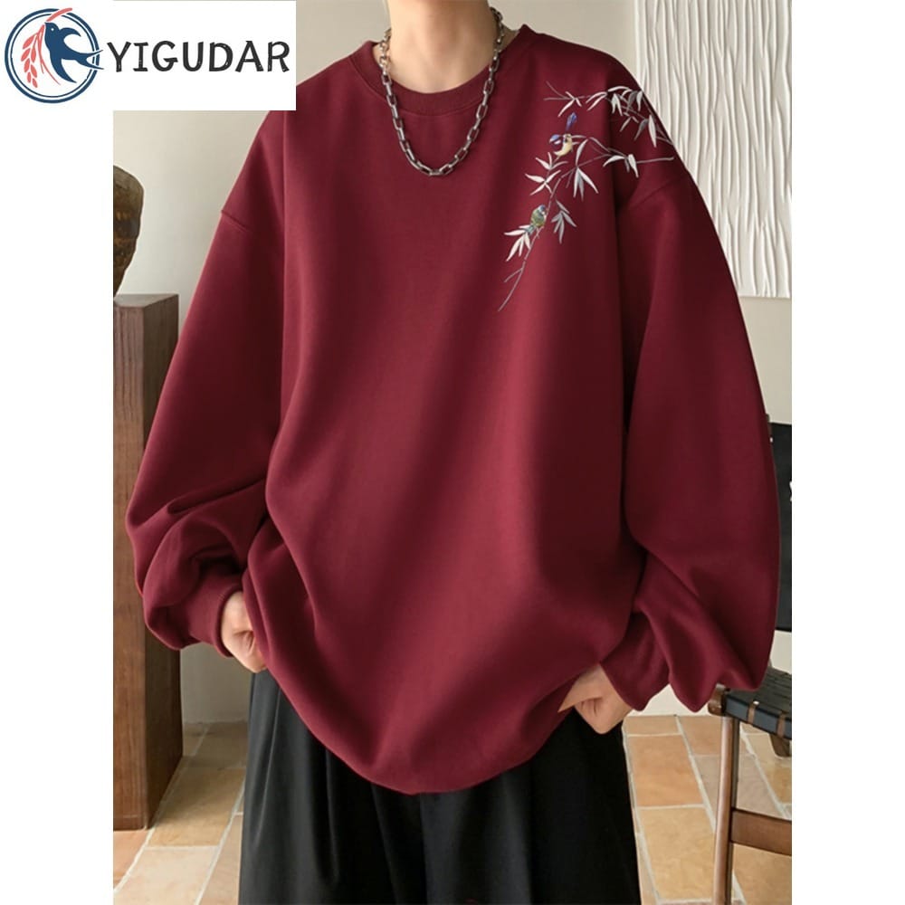 2023 Spring and Autumn New Wine Red Sweater Men's Round Neck Men's Top Loose Fashion New Pullover Coat Men Clothing y2k Tops