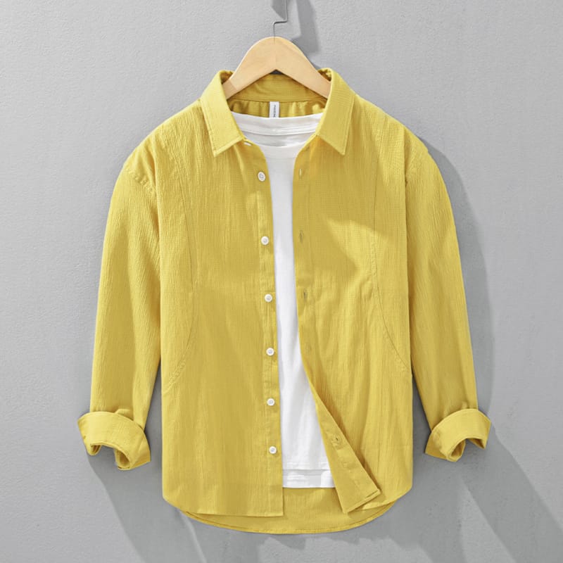 Men's Casual Seersucker Long Sleeve Shirt for Men Cotton Yarn Soft and Comfortable Breathable Square Neck Shirt